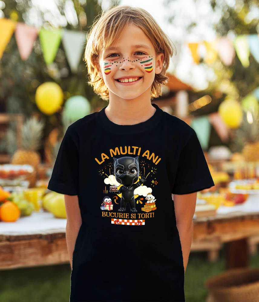 Tricou Copii cu Pantera Neagră – Bucurie, Tort și Cadouri pentru Copii 100% Bumbac, Negru, 12 Ani [3]