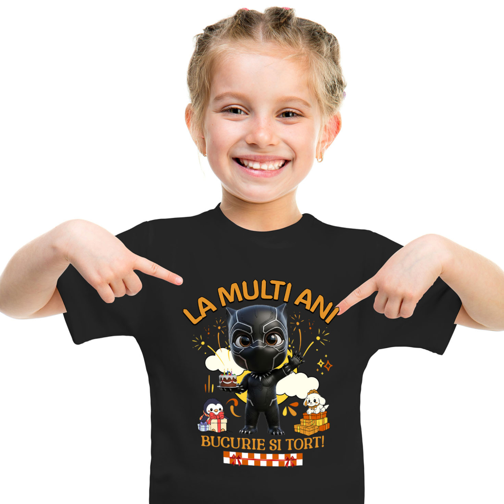Tricou Copii cu Pantera Neagră – Bucurie, Tort și Cadouri pentru Copii 100% Bumbac, Negru, 12 Ani [2]