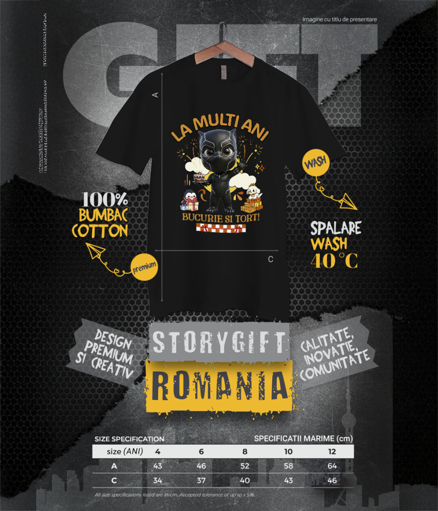 Tricou Copii cu Pantera Neagră – Bucurie, Tort și Cadouri pentru Copii 100% Bumbac, Negru, 12 Ani [6]