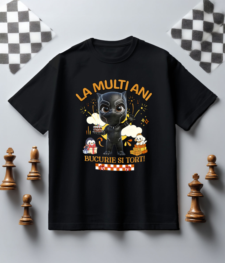 Tricou Copii cu Pantera Neagră – Bucurie, Tort și Cadouri pentru Copii 100% Bumbac, Negru, 12 Ani [5]