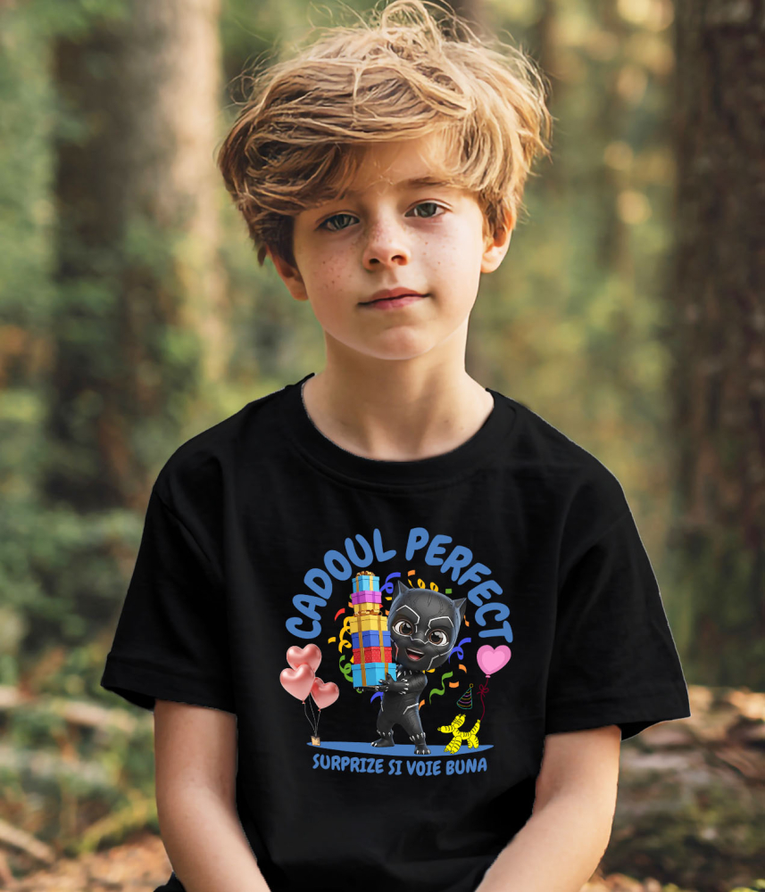 Tricou Copii cu Pantera Neagra Cadou cu Inima de Erou 100% Bumbac, Negru, 12 Ani [3]