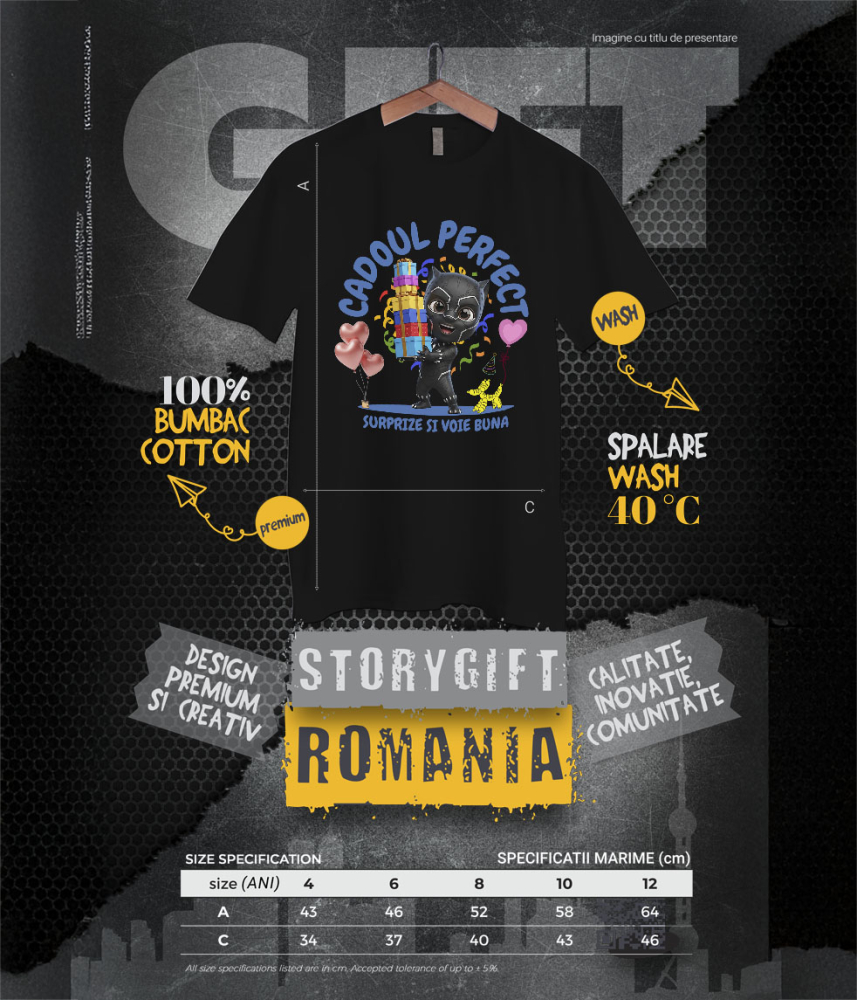 Tricou Copii cu Pantera Neagra Cadou cu Inima de Erou 100% Bumbac, Negru, 12 Ani [6]