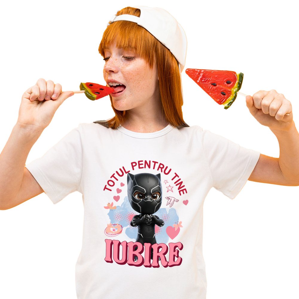 Tricou Copii cu Pantera Neagra, Iubire, Dragoste, Afectiune, Inima 100% Bumbac, Alb, 6 Ani [2]