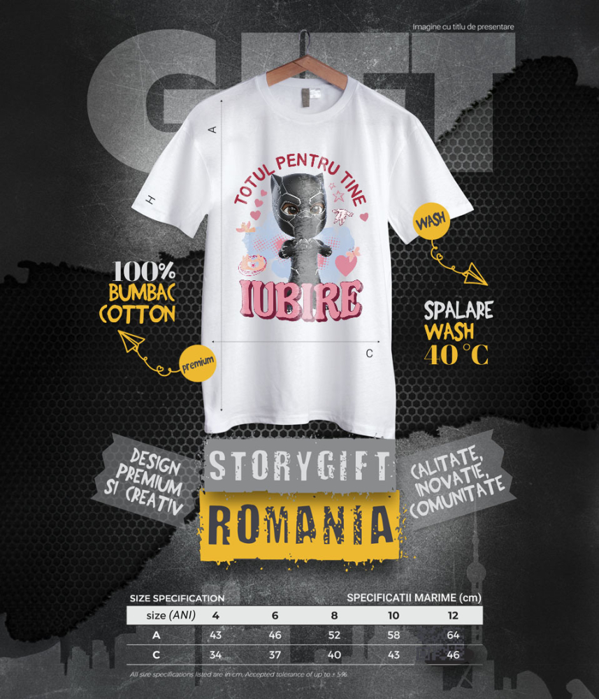 Tricou Copii cu Pantera Neagra, Iubire, Dragoste, Afectiune, Inima 100% Bumbac, Alb, 6 Ani [6]