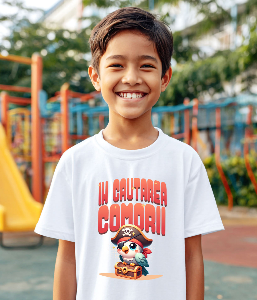 Tricou Femei, Barbati, Copii, Fata, Baiat, Unisex Personalizat „Papagal Pirat Colorat Cu Pălărie Și Cufăr De Comori – Cadou Personalizat „În Căutarea Comorii”” [4]