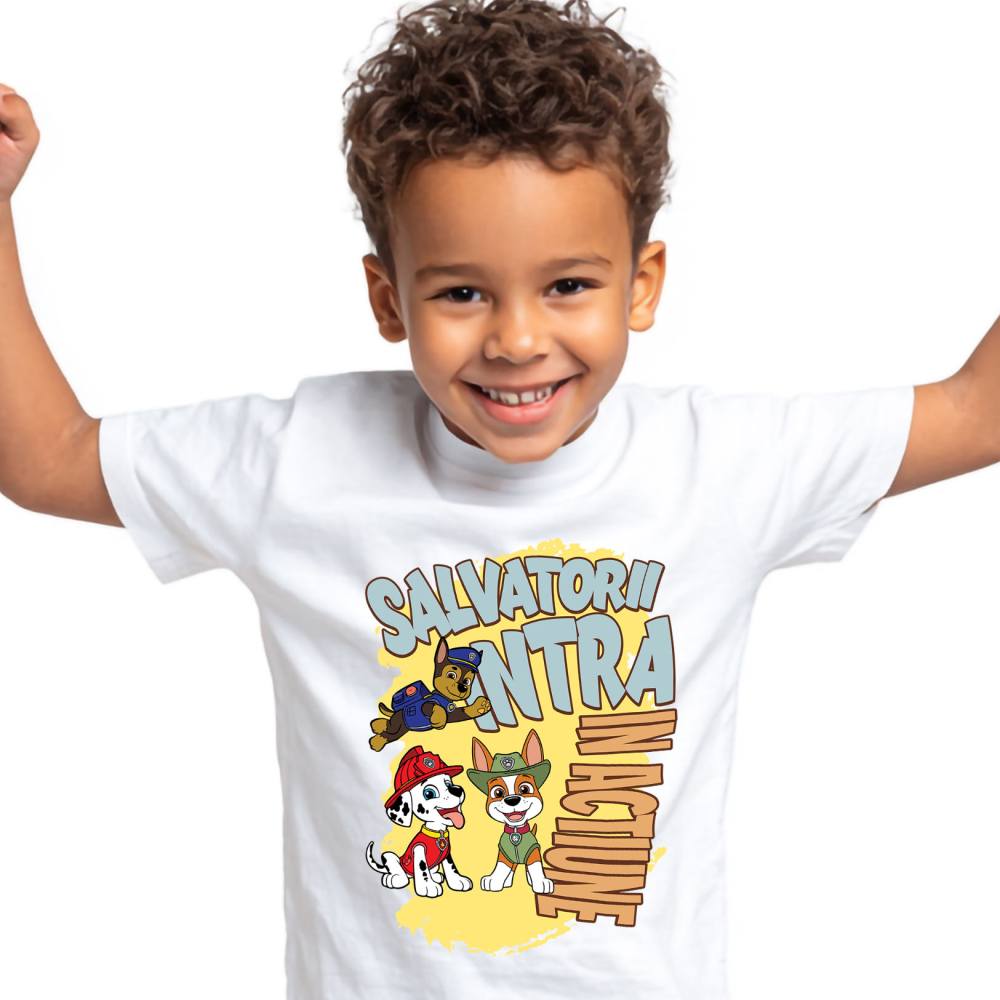 Tricou Copii cu Patrula Catelusilor Chase, Marshall și Rocky - Salvatori curajoșsi, solutii rapide 100% Bumbac, Alb, 12 Ani [2]