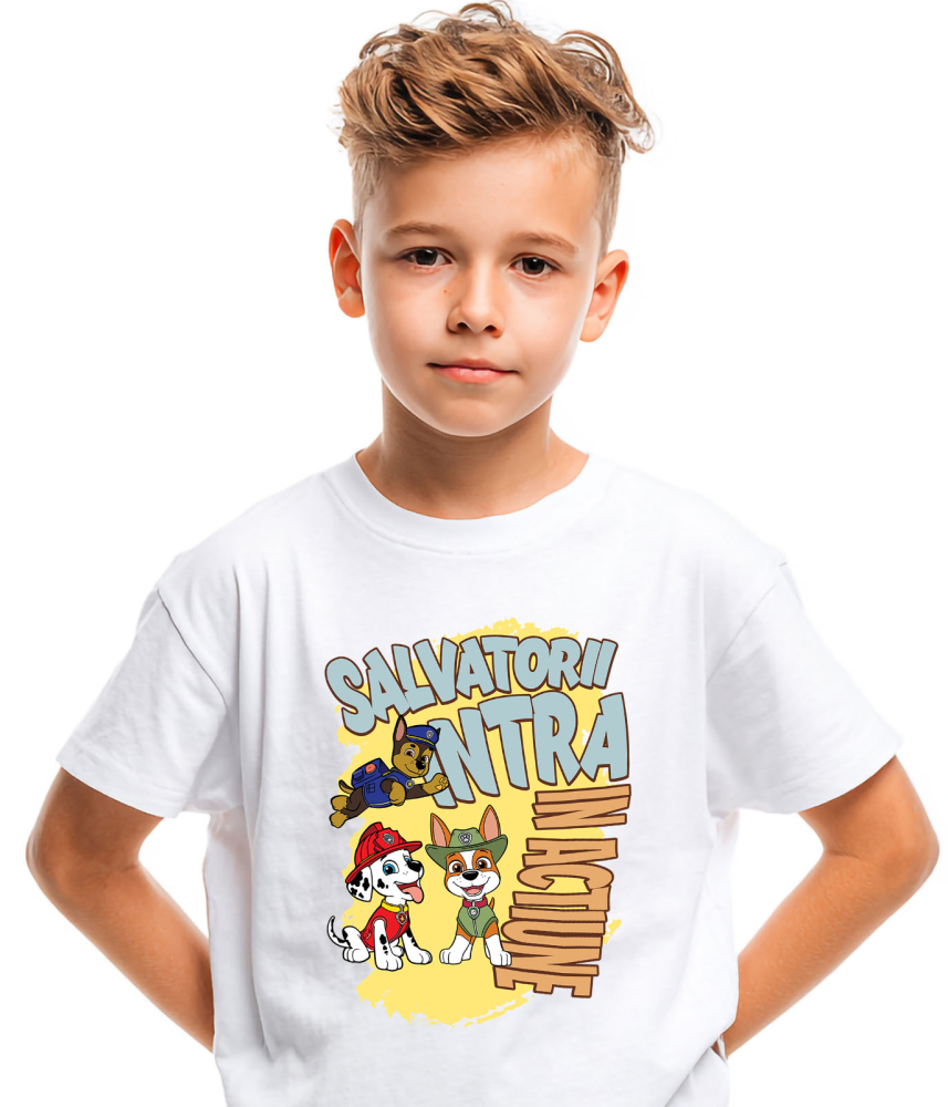 Tricou Copii cu Patrula Catelusilor Chase, Marshall și Rocky - Salvatori curajoșsi, solutii rapide 100% Bumbac, Alb, 12 Ani [4]