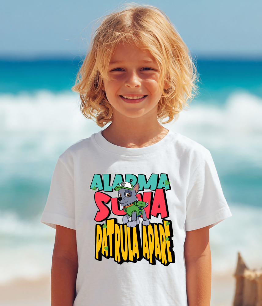 Tricou Copii cu Patrula Catelusilor Rocky - Catelul inventiv care face lumea mai curata 100% Bumbac, Alb, 8 Ani [4]