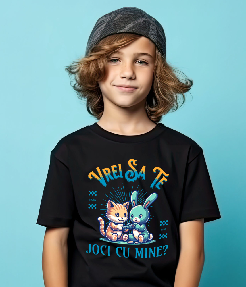 Tricou Femei, Barbati, Copii, Fata, Baiat, Unisex Personalizat Tricou Personalizat Pisică și Iepure – Cadou Jucăuș pentru Copii | Desene Animate [4]