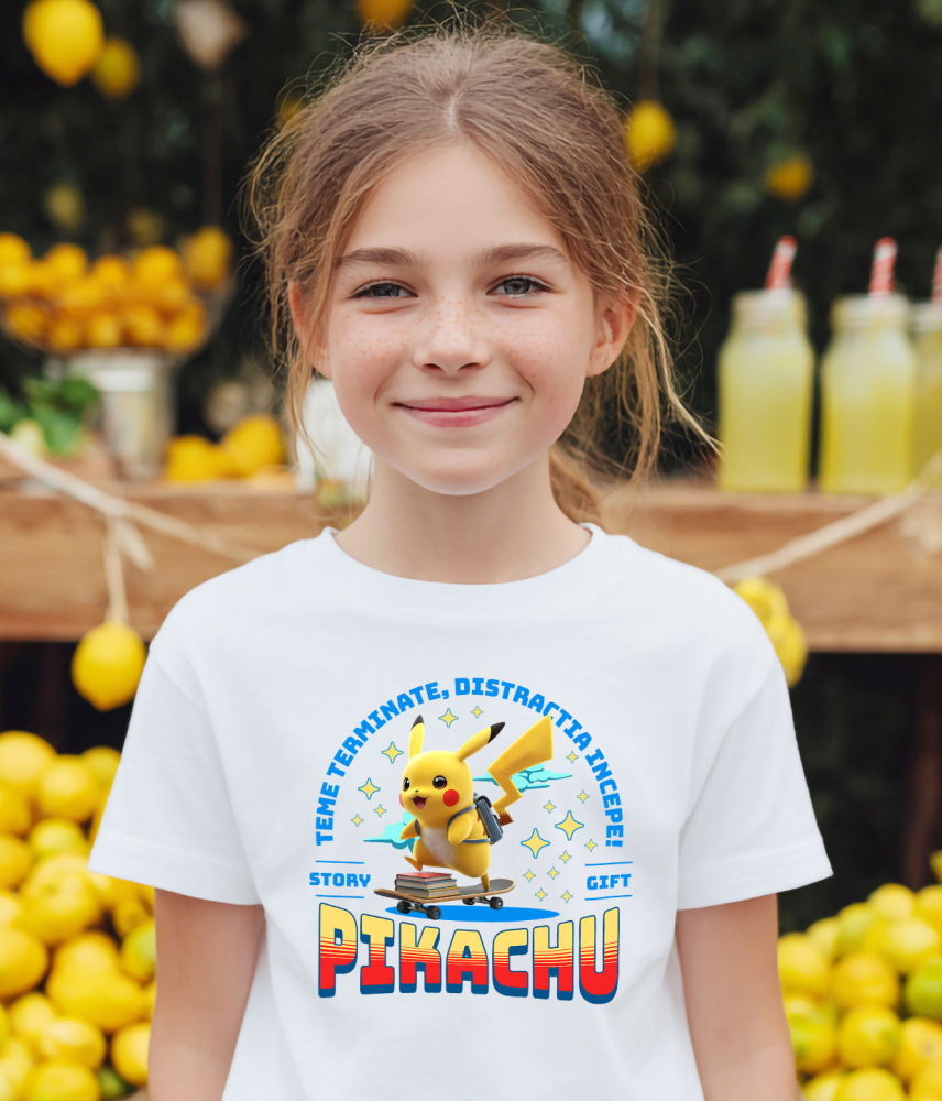 Tricou Copii cu Pikachu: Skateboard Si Energie Pozitiva 100% Bumbac, Alb, 6 Ani [3]