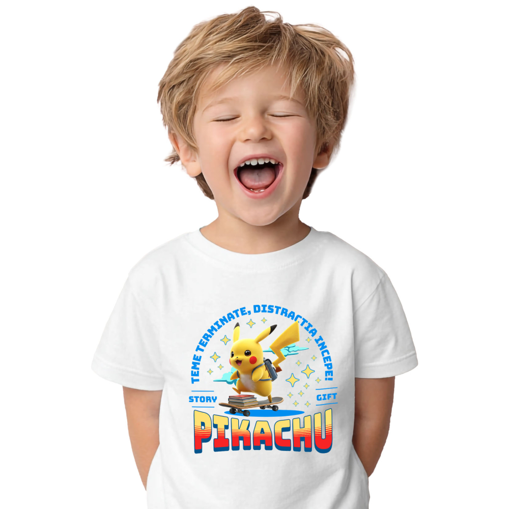 Tricou Copii cu Pikachu: Skateboard Si Energie Pozitiva 100% Bumbac, Alb, 6 Ani [2]