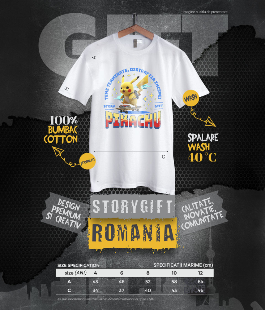 Tricou Copii cu Pikachu: Skateboard Si Energie Pozitiva 100% Bumbac, Alb, 6 Ani [6]