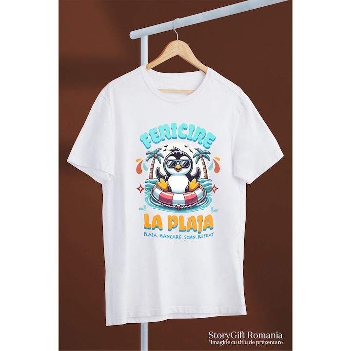 Tricou Copii cu Pinguin Cu Ochelari De Soare Colac Pe Mare Plaja Tropicala cu imprimeu pe Fata, 100% Bumbac, Alb, 8 Ani [3]