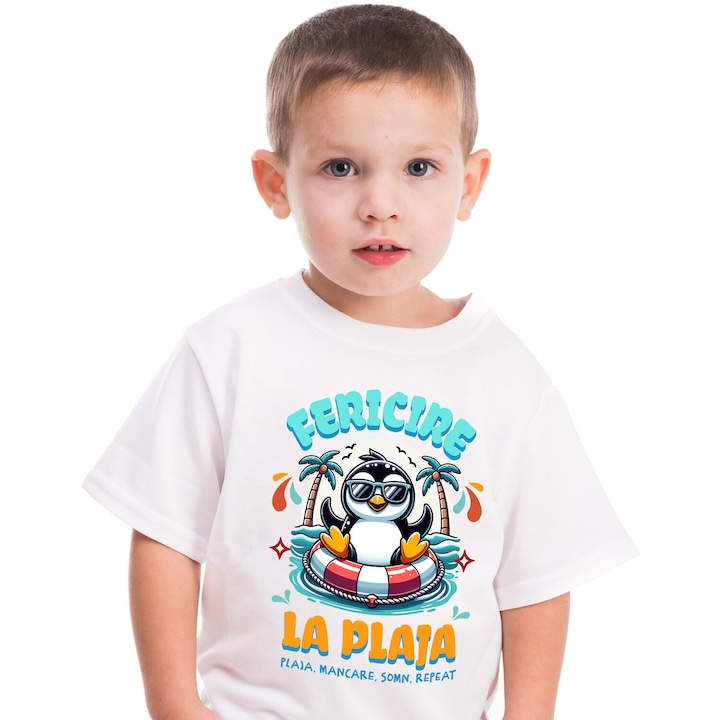 Tricou Copii cu Pinguin Cu Ochelari De Soare Colac Pe Mare Plaja Tropicala cu imprimeu pe Fata, 100% Bumbac, Alb, 8 Ani [2]