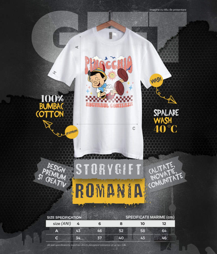 Tricou Copii cu Pinocchio - Rade in hohote si cade pe jos 100% Bumbac, Alb, 12 Ani [6]