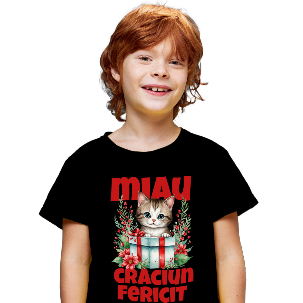 Tricou Femei, Barbati, Copii, Fata, Baiat, Unisex Personalizat Pisica în Cutie de Cadou – Miau Crăciun Fericit și Flori Colorate pentru Iubitorii de Pisici [1]