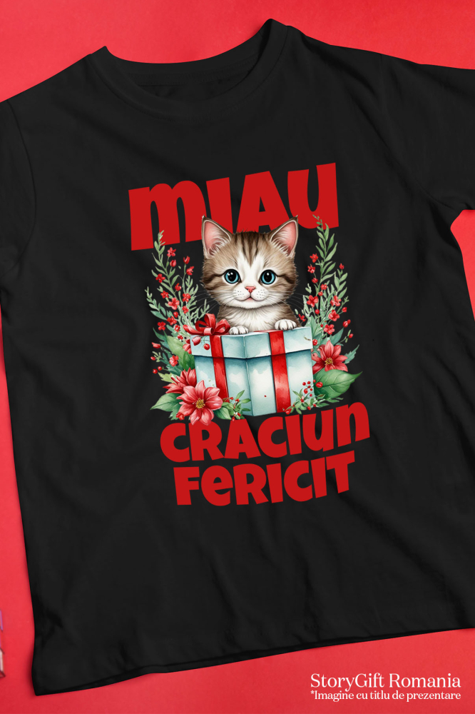 Tricou Femei, Barbati, Copii, Fata, Baiat, Unisex Personalizat Pisica în Cutie de Cadou – Miau Crăciun Fericit și Flori Colorate pentru Iubitorii de Pisici [5]