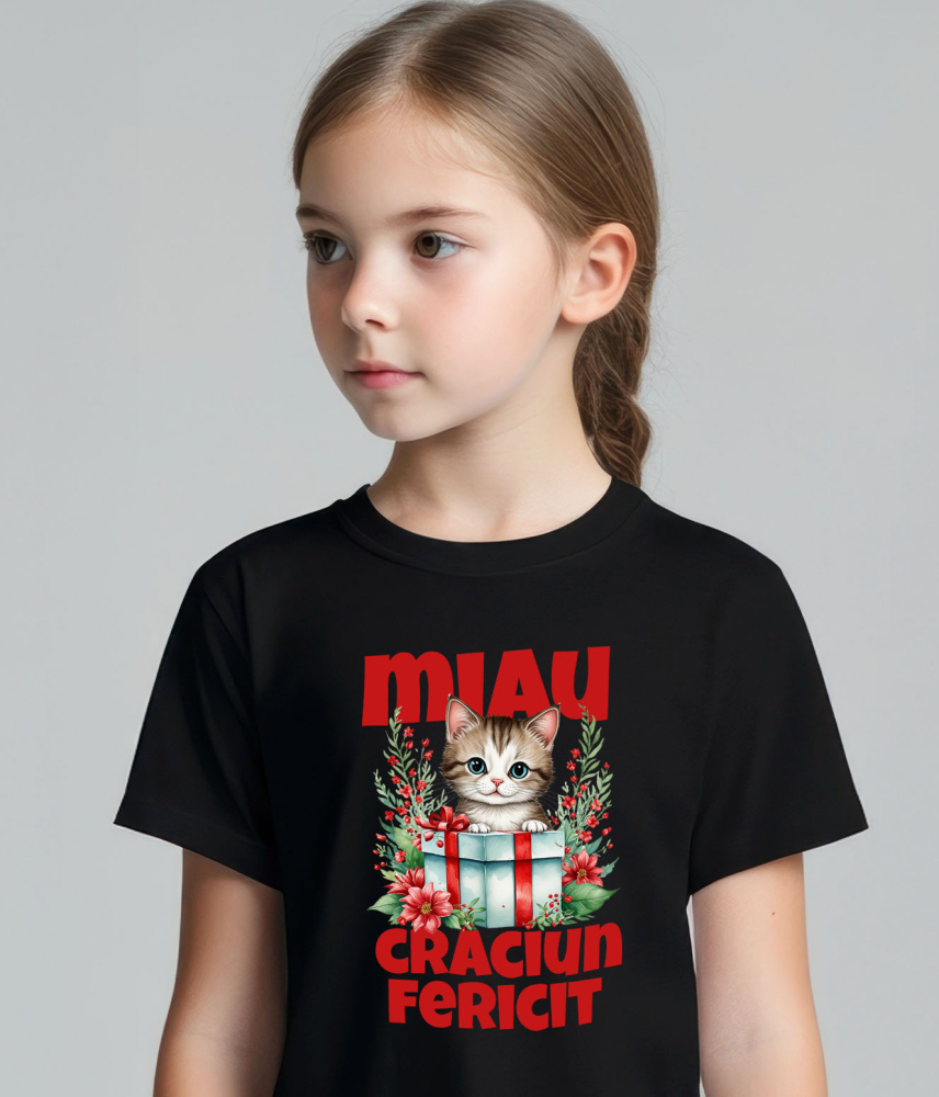 Tricou Femei, Barbati, Copii, Fata, Baiat, Unisex Personalizat Pisica în Cutie de Cadou – Miau Crăciun Fericit și Flori Colorate pentru Iubitorii de Pisici [3]