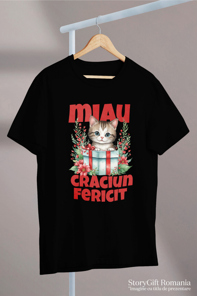 Tricou Femei, Barbati, Copii, Fata, Baiat, Unisex Personalizat Pisica în Cutie de Cadou – Miau Crăciun Fericit și Flori Colorate pentru Iubitorii de Pisici [3]