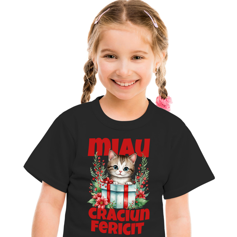 Tricou Femei, Barbati, Copii, Fata, Baiat, Unisex Personalizat Pisica în Cutie de Cadou – Miau Crăciun Fericit și Flori Colorate pentru Iubitorii de Pisici [2]