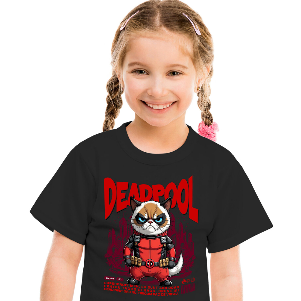 Tricou Femei, Barbati, Copii, Fata, Baiat, Unisex Personalizat Pisica Morocănoasă în Costum Deadpool – Supererou Amuzant pentru Iubitorii de Pisici [2]
