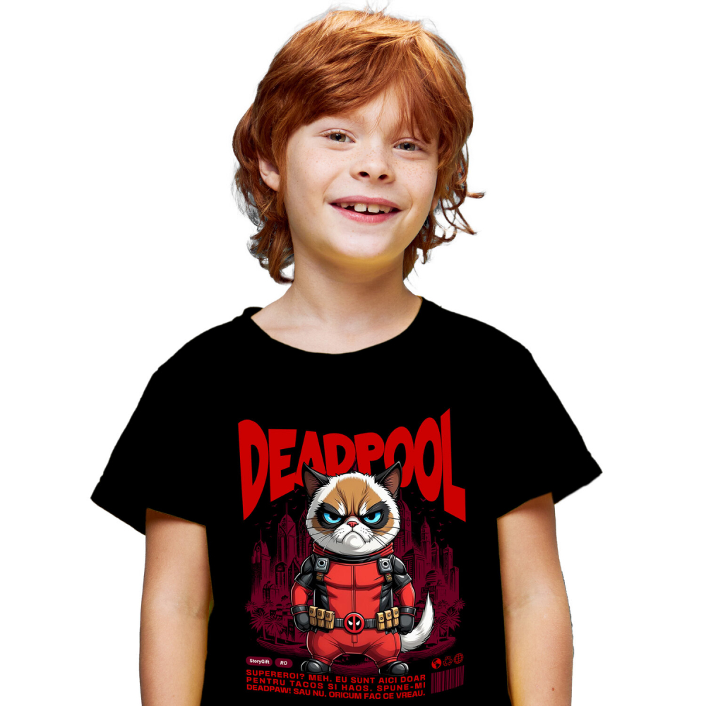 Tricou Femei, Barbati, Copii, Fata, Baiat, Unisex Personalizat Pisica Morocănoasă în Costum Deadpool – Supererou Amuzant pentru Iubitorii de Pisici [1]