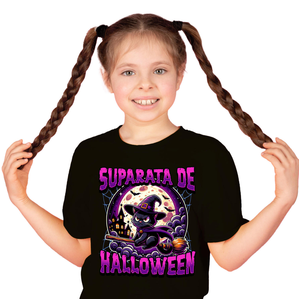 Tricou Femei, Barbati, Copii, Fata, Baiat, Unisex Personalizat Pisica pe Mătura cu Pălărie de Vrăjitoare pentru Halloween | Pisică Supărată de Halloween [2]