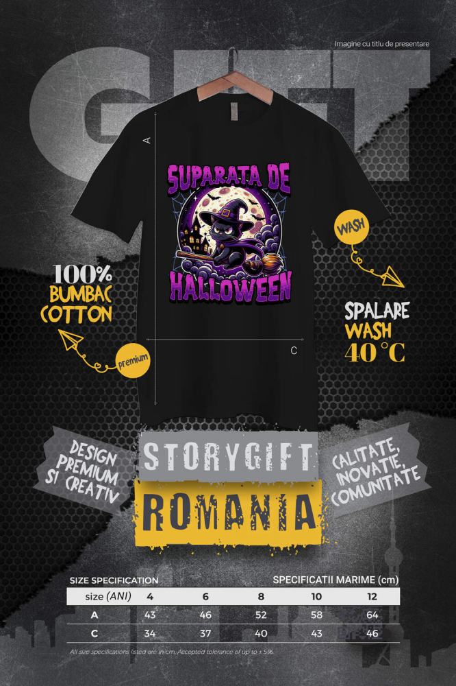 Tricou Femei, Barbati, Copii, Fata, Baiat, Unisex Personalizat Pisica pe Mătura cu Pălărie de Vrăjitoare pentru Halloween | Pisică Supărată de Halloween [4]