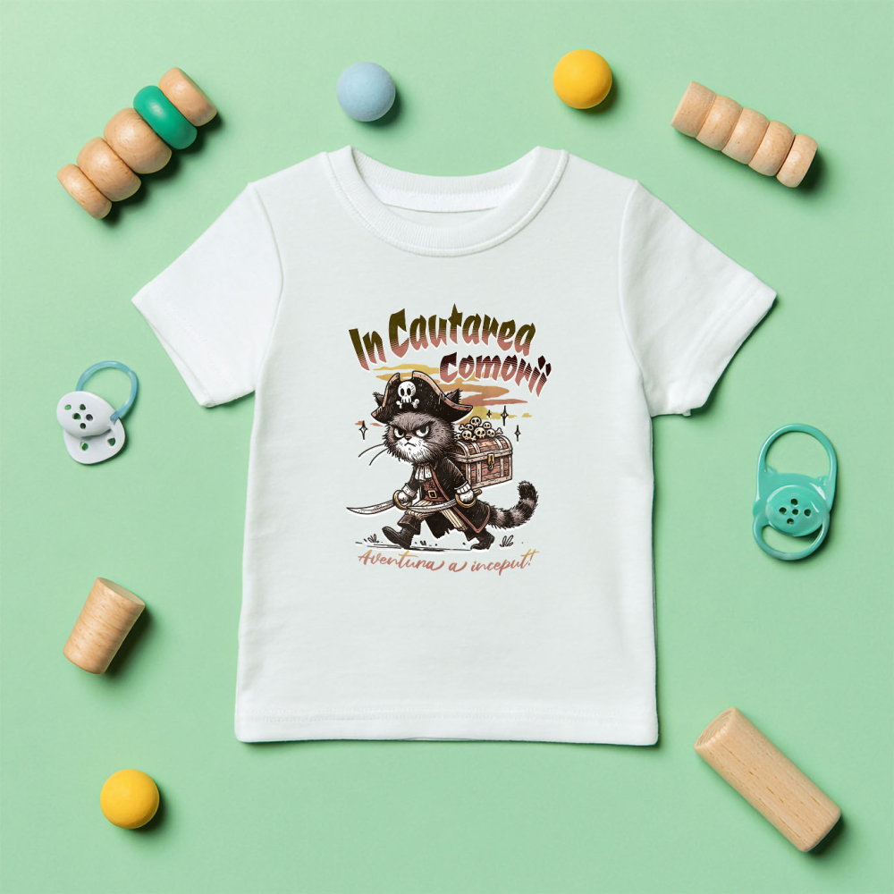 Tricou Femei, Barbati, Copii, Fata, Baiat, Unisex Personalizat "Pisica Pirat cu Pălărie și Cufăr Cranii - Aventură cu Comori pentru Copii" [5]