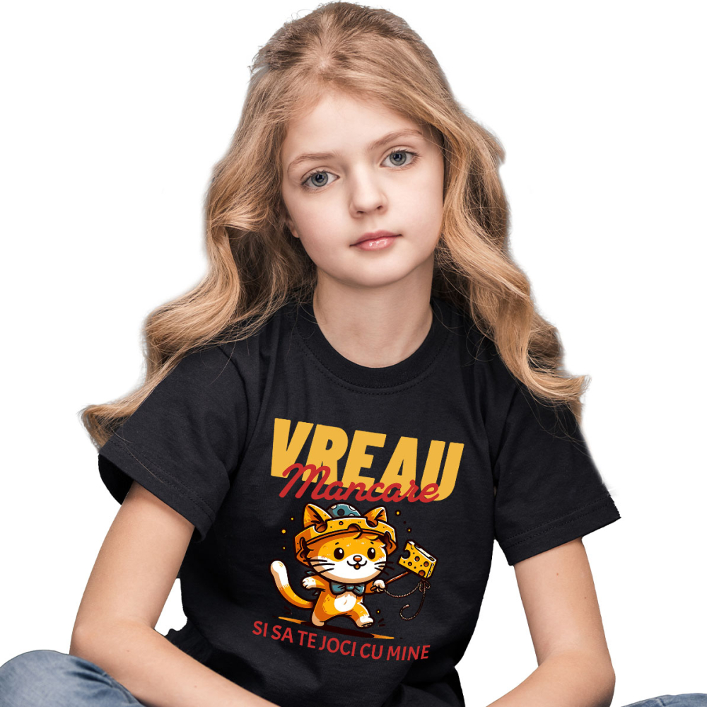 Tricou Femei, Barbati, Copii, Fata, Baiat, Unisex Personalizat Pisica Portocalie Jucăușă „Vreau Mâncare și Să Te Joi Cu Mine” – Cadou Amuzant Pentru Iubitorii De Pisici [2]