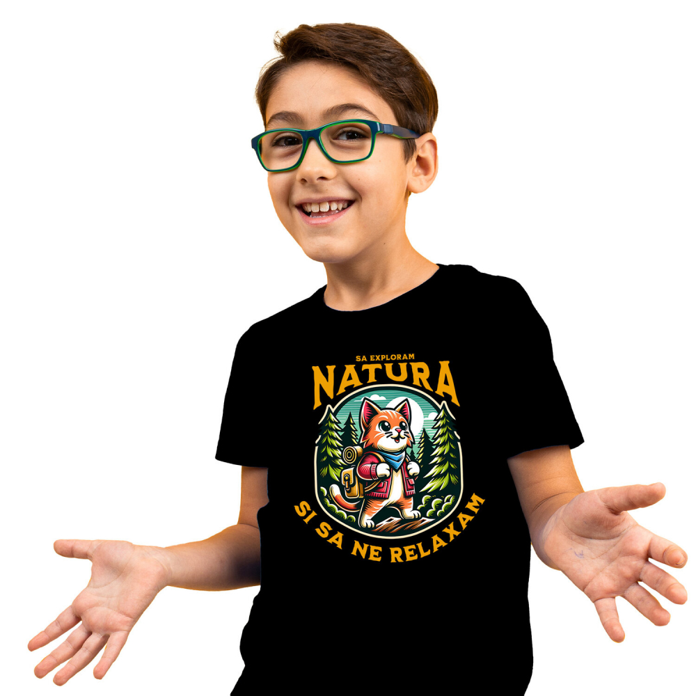 Tricou Femei, Barbati, Copii, Fata, Baiat, Unisex Personalizat Tricou Personalizat Aventură - „Să Explorăm Natura” | Cadouri pentru Iubitori de Pisici [1]