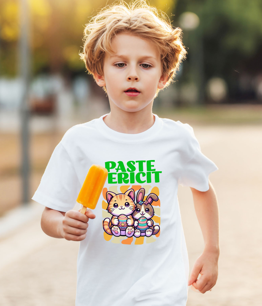 Tricou Femei, Barbati, Copii, Fata, Baiat, Unisex Personalizat "Pisica Portocalie și Iepure Cu Ouă Colorate - Paște Fericit" [4]
