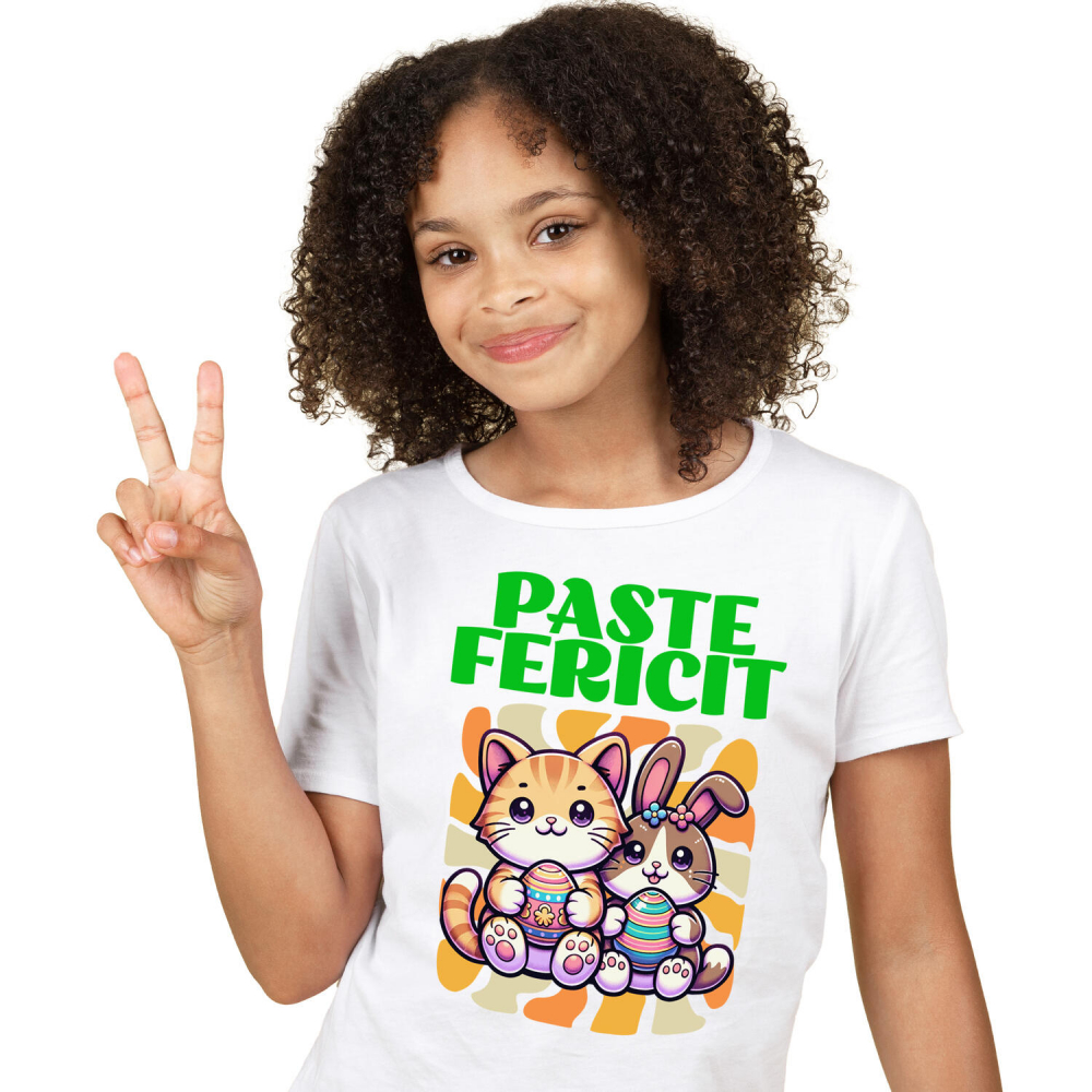 Tricou Femei, Barbati, Copii, Fata, Baiat, Unisex Personalizat "Pisica Portocalie și Iepure Cu Ouă Colorate - Paște Fericit" [2]