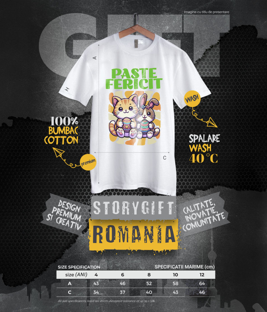Tricou Femei, Barbati, Copii, Fata, Baiat, Unisex Personalizat "Pisica Portocalie și Iepure Cu Ouă Colorate - Paște Fericit" [6]
