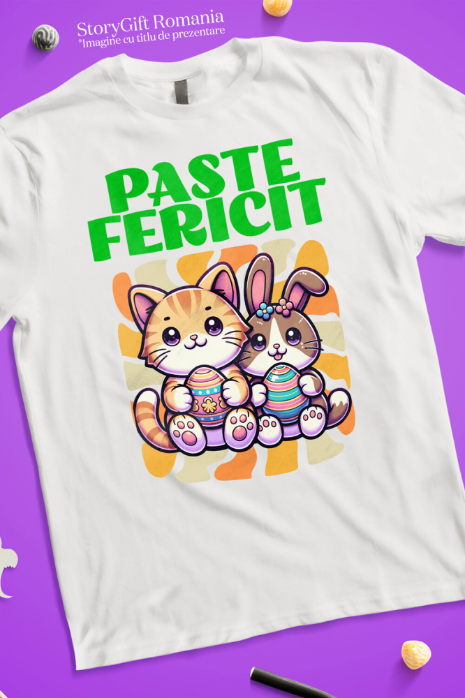 Tricou Femei, Barbati, Copii, Fata, Baiat, Unisex Personalizat "Pisica Portocalie și Iepure Cu Ouă Colorate - Paște Fericit" [3]