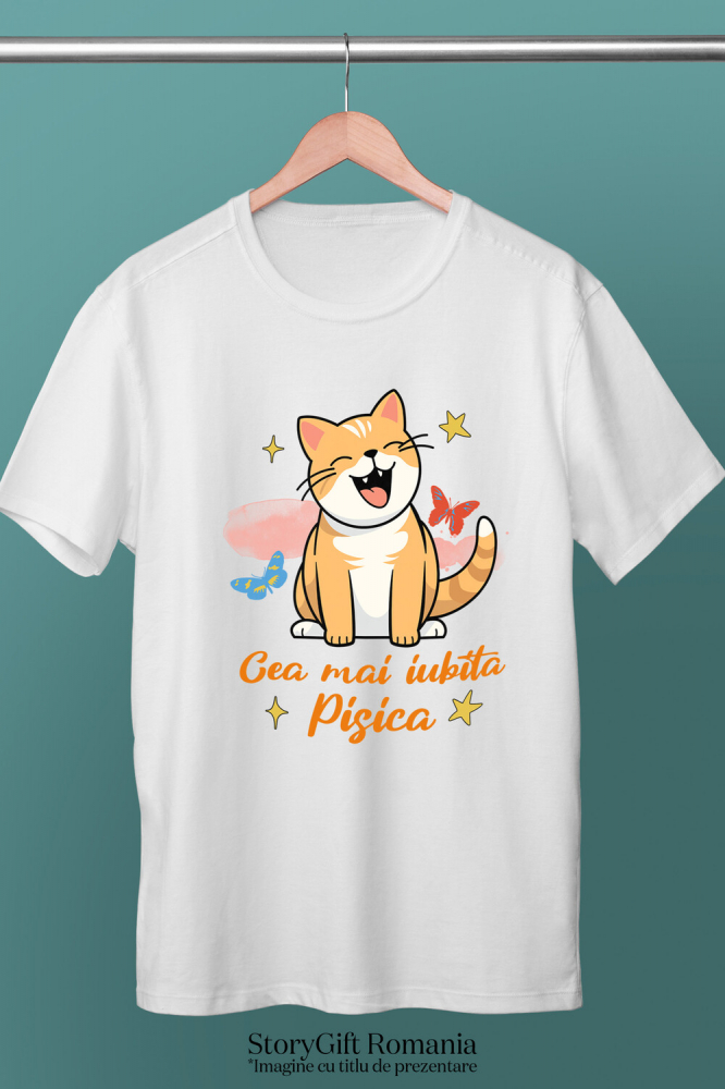 Tricou Femei, Barbati, Copii, Fata, Baiat, Unisex Personalizat Pisica Portocalie Veselă „Cea Mai Iubită Pisică” – Cadou Amuzant Pentru Iubitorii De Pisici [3]