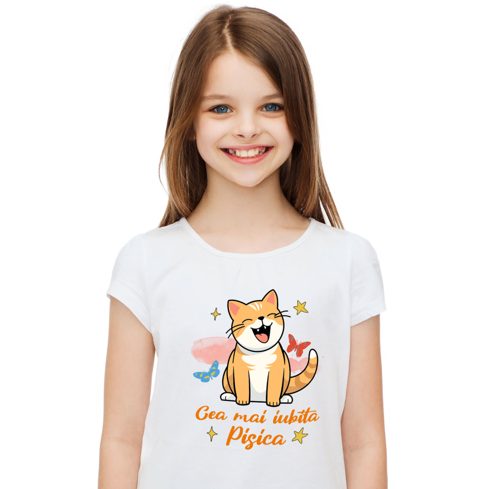 Tricou Femei, Barbati, Copii, Fata, Baiat, Unisex Personalizat Pisica Portocalie Veselă „Cea Mai Iubită Pisică” – Cadou Amuzant Pentru Iubitorii De Pisici [2]