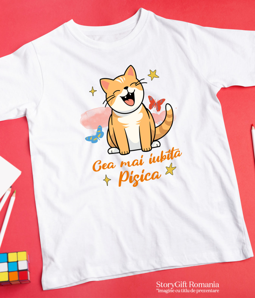 Tricou Femei, Barbati, Copii, Fata, Baiat, Unisex Personalizat Pisica Portocalie Veselă „Cea Mai Iubită Pisică” – Cadou Amuzant Pentru Iubitorii De Pisici [5]