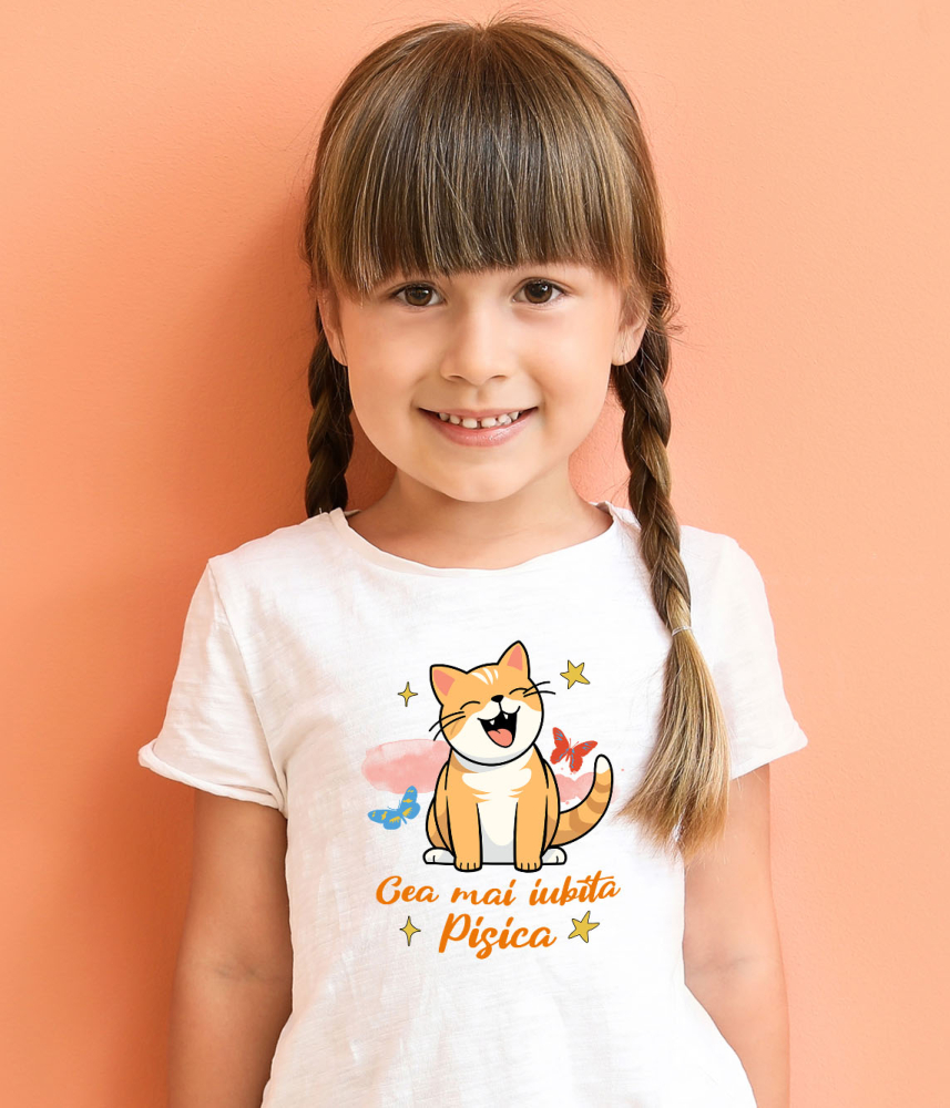 Tricou Femei, Barbati, Copii, Fata, Baiat, Unisex Personalizat Pisica Portocalie Veselă „Cea Mai Iubită Pisică” – Cadou Amuzant Pentru Iubitorii De Pisici [4]