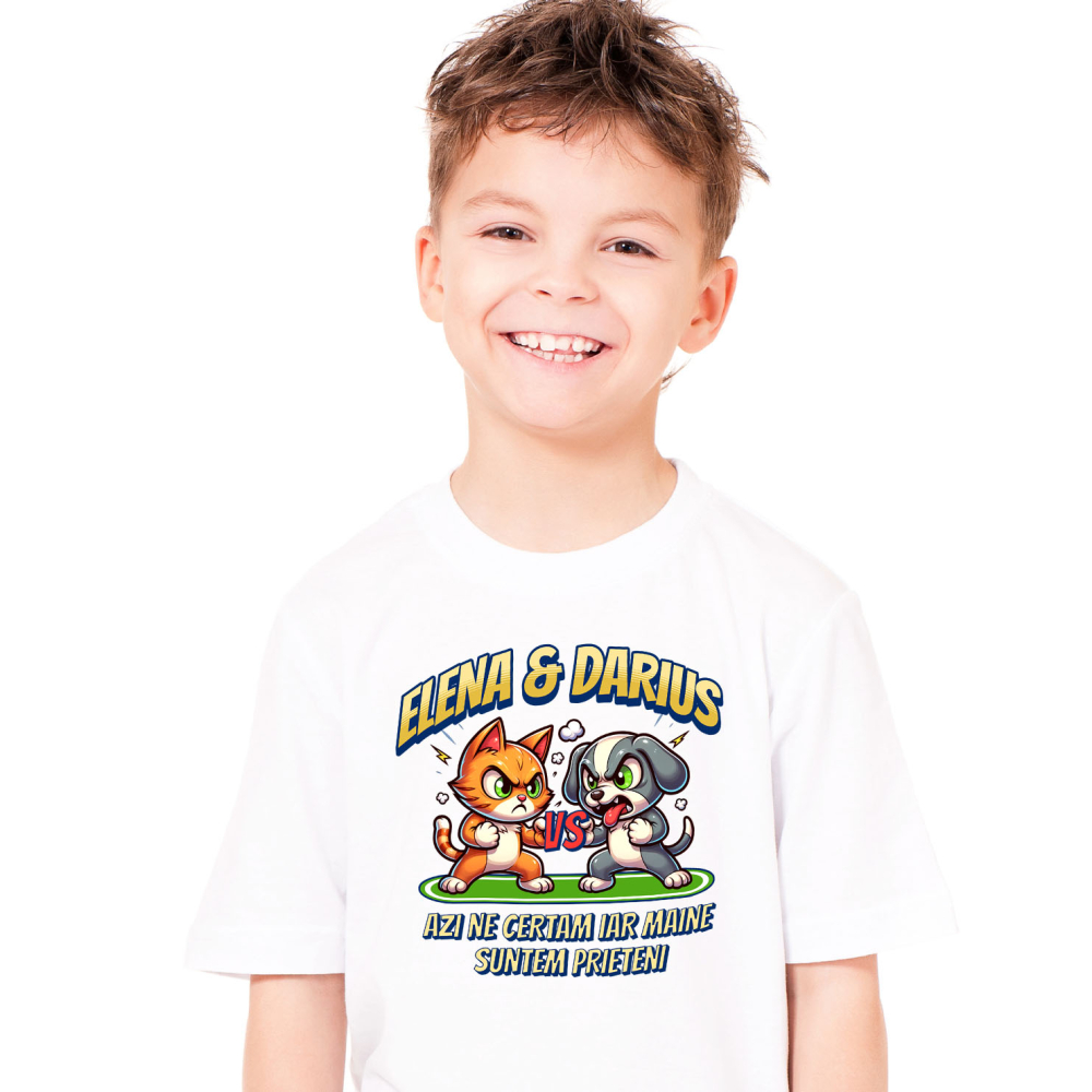 Tricou Femei, Barbati, Copii, Fata, Baiat, Unisex Personalizat "Pisica și Câine Luptă Box - Cadou Haios pentru Elena & Darius, Certuri și Prietenie" [2]