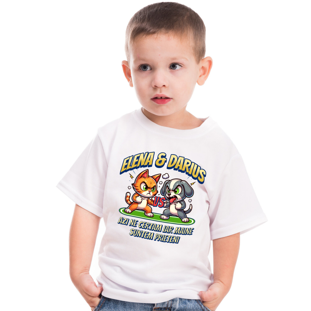 Tricou Femei, Barbati, Copii, Fata, Baiat, Unisex Personalizat "Pisica și Câine Luptă Box - Cadou Haios pentru Elena & Darius, Certuri și Prietenie" [2]