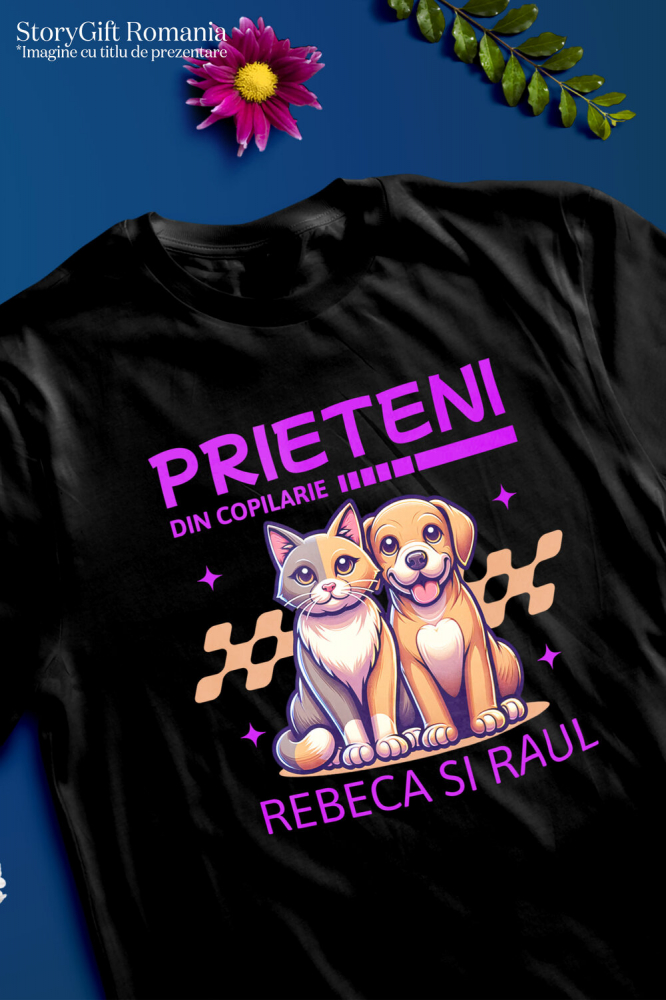 Tricou Femei, Barbati, Copii, Fata, Baiat, Unisex Personalizat Cadouri personalizate prieteni și familie – Portret cu pisica și câine pentru Rebeca și Paul [3]
