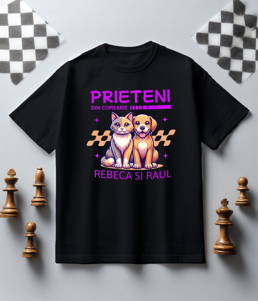 Tricou Femei, Barbati, Copii, Fata, Baiat, Unisex Personalizat Cadouri personalizate prieteni și familie – Portret cu pisica și câine pentru Rebeca și Paul [5]