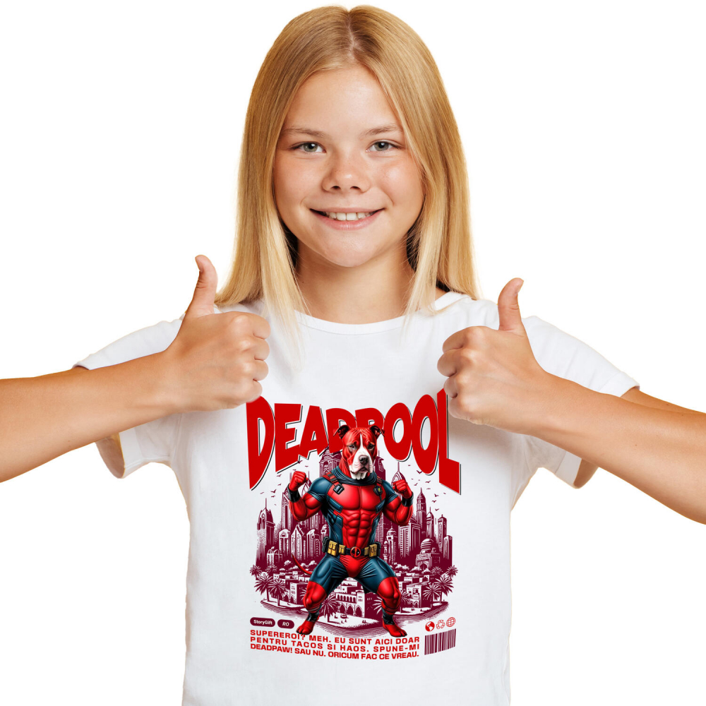 Tricou Femei, Barbati, Copii, Fata, Baiat, Unisex Personalizat Pitbull În Costum de Deadpool – Câine Supererou pentru Familie și Copii [1]