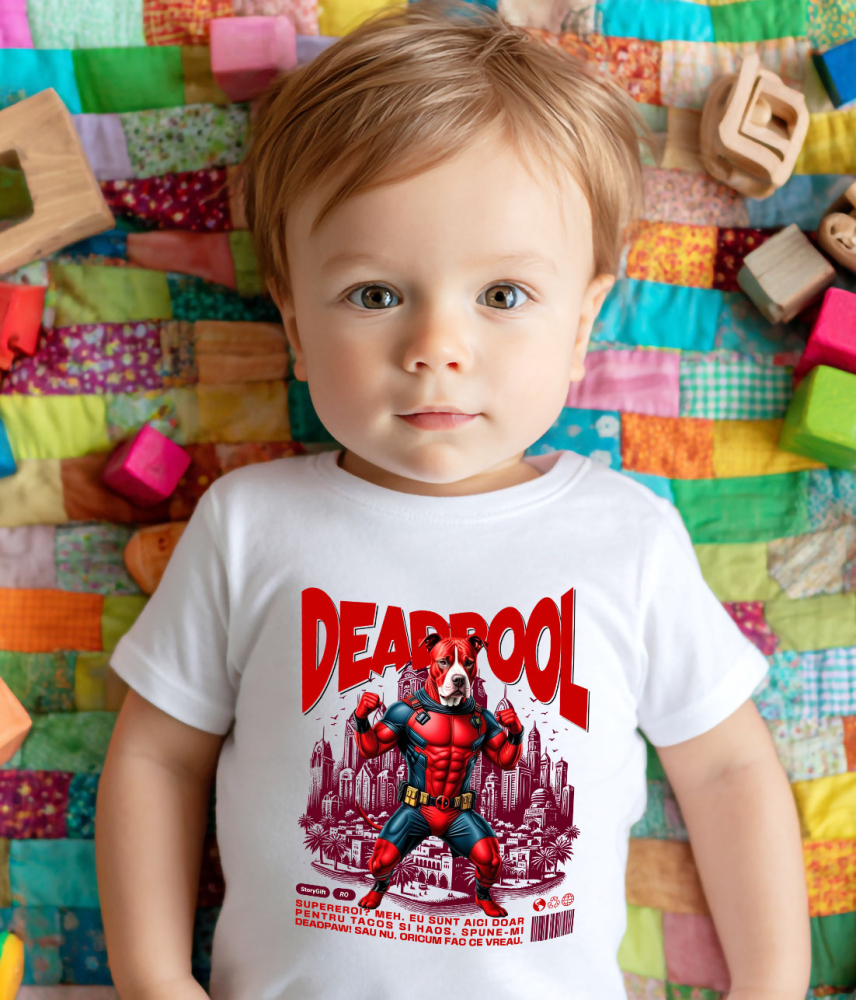 Tricou Femei, Barbati, Copii, Fata, Baiat, Unisex Personalizat Pitbull În Costum de Deadpool – Câine Supererou pentru Familie și Copii [3]