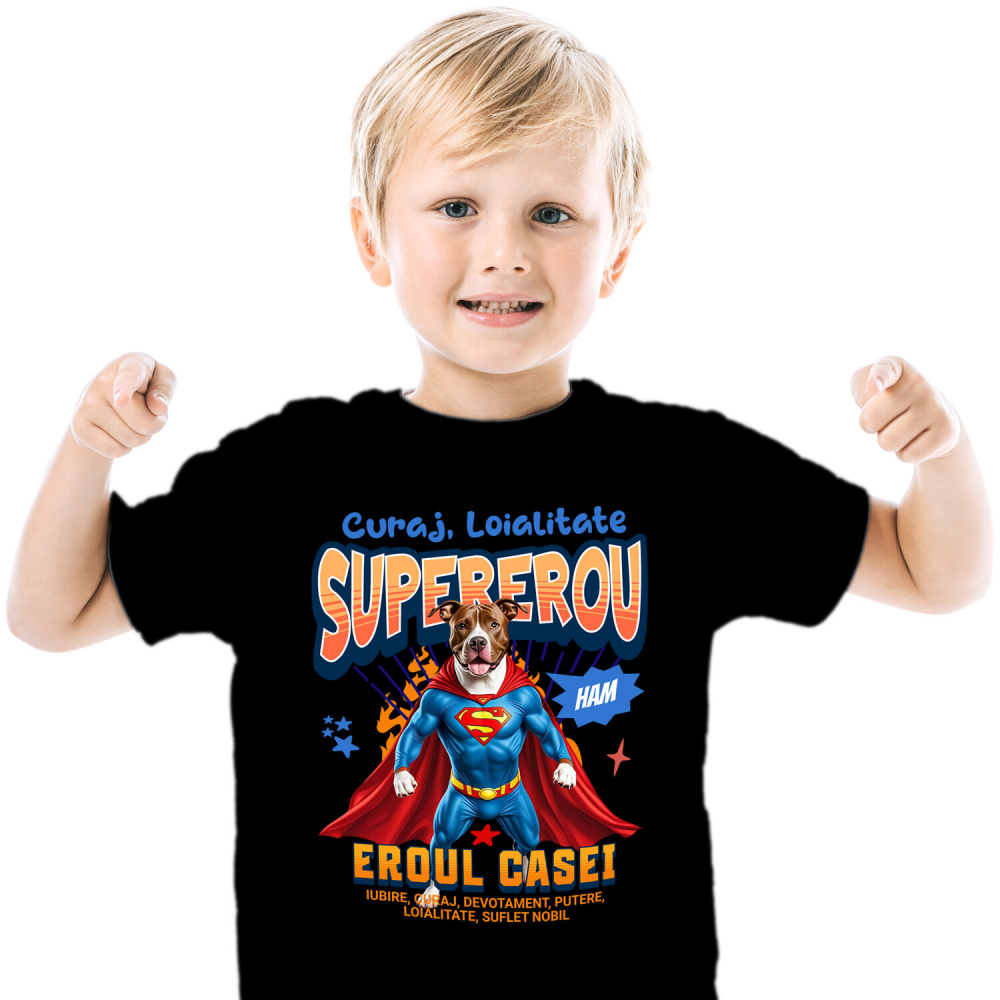 Tricou Femei, Barbati, Copii, Fata, Baiat, Unisex Personalizat Pitbull în Costum de Superman – Produse Personalizate pentru Familie și Copii [1]