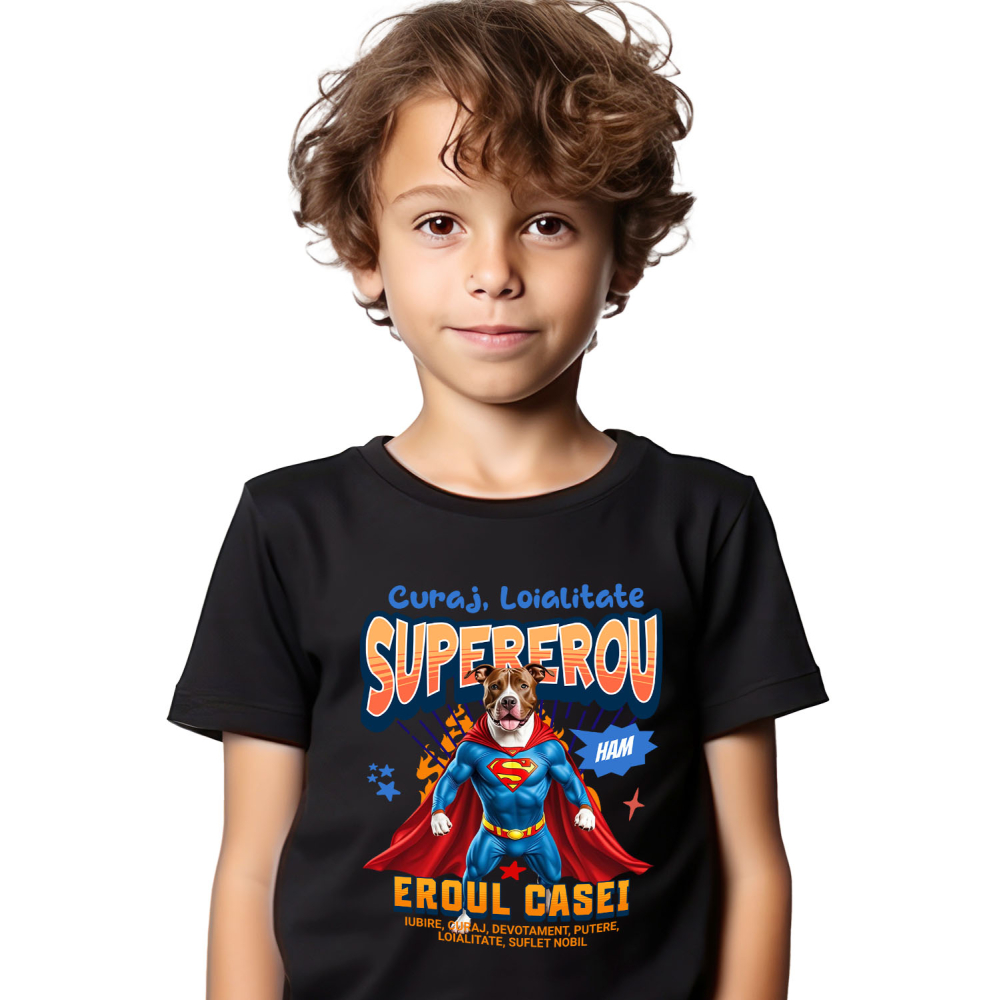 Tricou Femei, Barbati, Copii, Fata, Baiat, Unisex Personalizat Pitbull în Costum de Superman – Produse Personalizate pentru Familie și Copii [2]