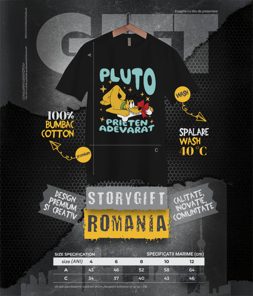 Tricou Copii cu Pluto - Fericirea unui caine cu osul preferat 100% Bumbac, Negru, 8 Ani [6]