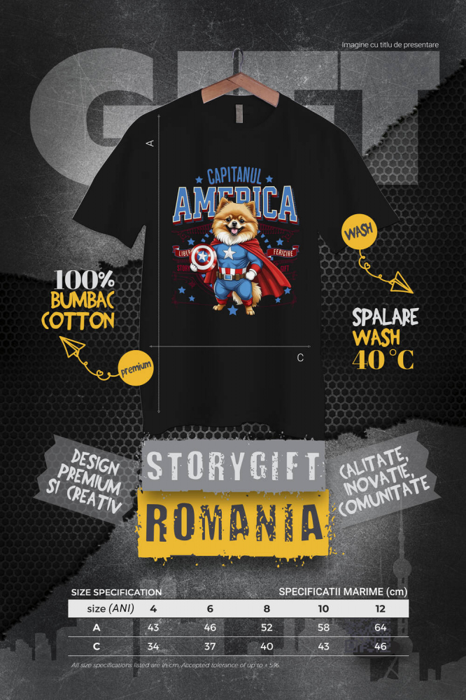 Tricou Femei, Barbati, Copii, Fata, Baiat, Unisex Personalizat Pomeranian în Costum de Captain America cu Pelerină - Cadou Personalizat pentru Copii și Iubitorii de Câini [4]