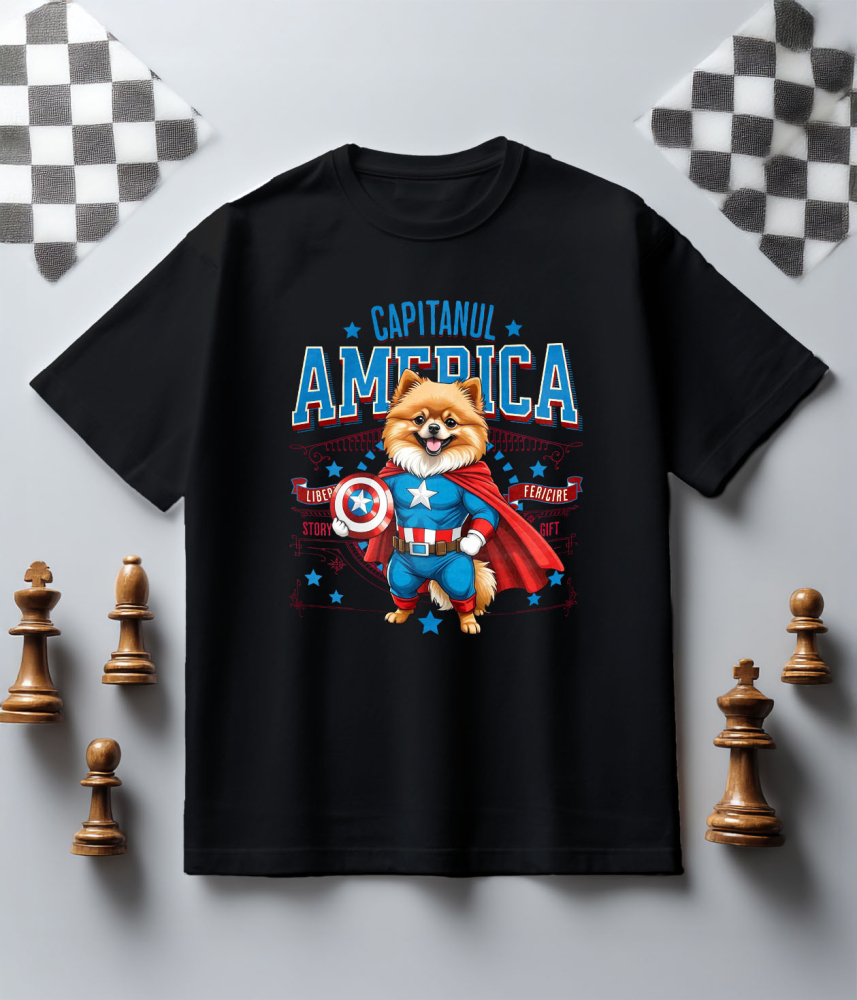 Tricou Femei, Barbati, Copii, Fata, Baiat, Unisex Personalizat Pomeranian în Costum de Captain America cu Pelerină - Cadou Personalizat pentru Copii și Iubitorii de Câini [5]